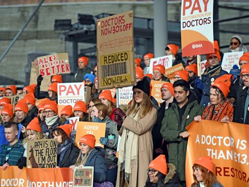 Junior doctors in Wales on the picket line with banners